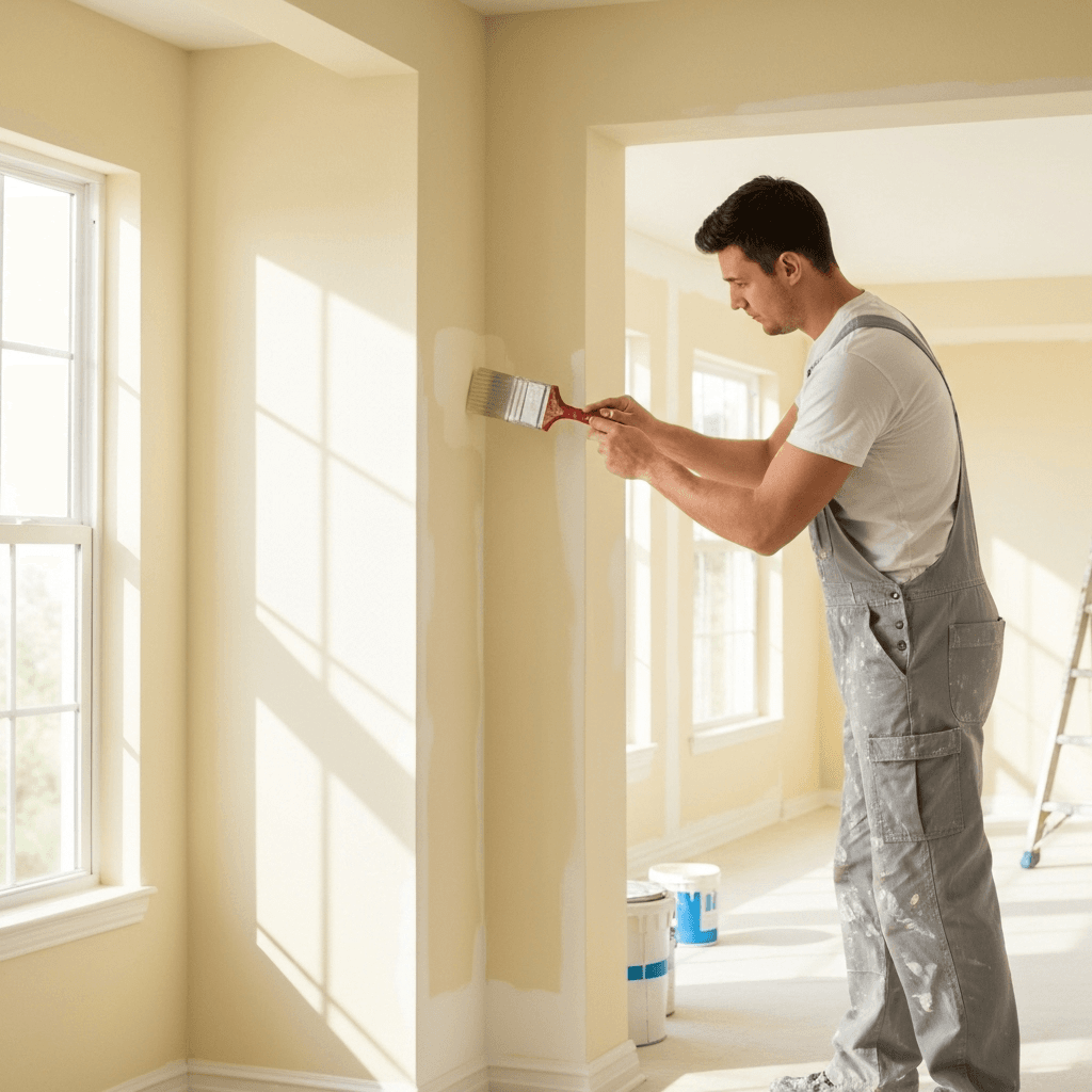 Professional painter working on house exterior